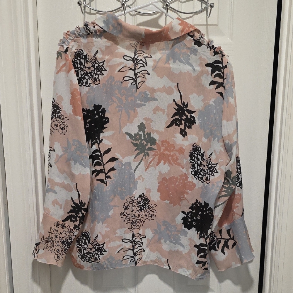 Floral Ruffle Blouse - Black, Gray, Pink - Picture 4 of 13